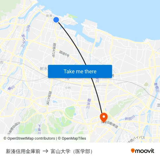 新湊信用金庫前 to 富山大学（医学部） map