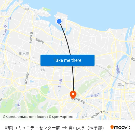 堀岡コミュニティセンター前 to 富山大学（医学部） map