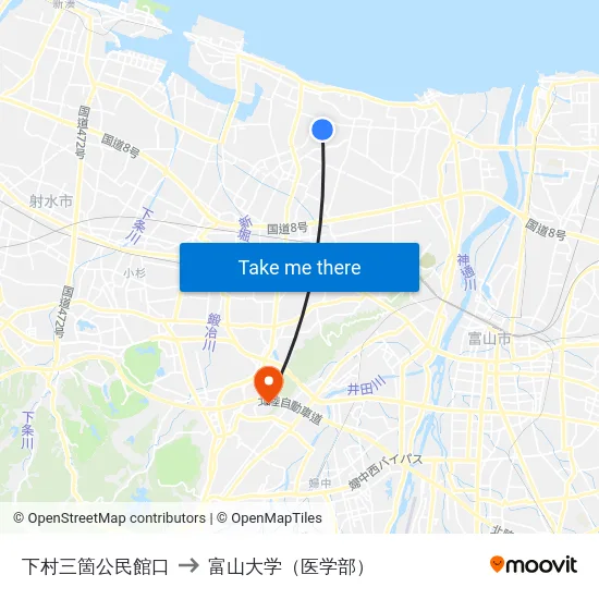 下村三箇公民館口 to 富山大学（医学部） map