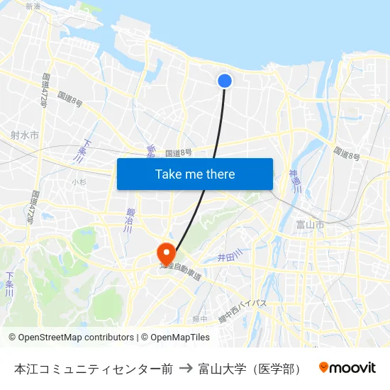 本江コミュニティセンター前 to 富山大学（医学部） map