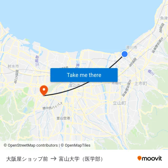 大阪屋ショップ前 to 富山大学（医学部） map