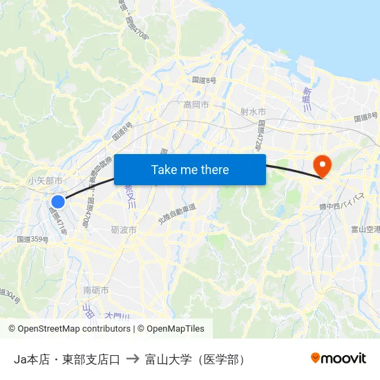 Ja本店・東部支店口 to 富山大学（医学部） map