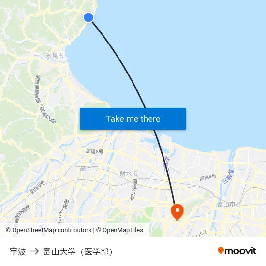 宇波 to 富山大学（医学部） map