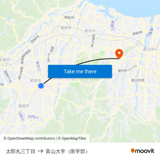 太郎丸三丁目 to 富山大学（医学部） map
