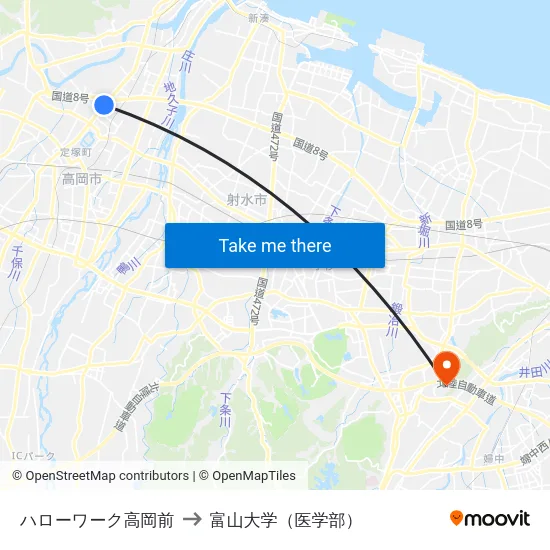 ハローワーク高岡前 to 富山大学（医学部） map