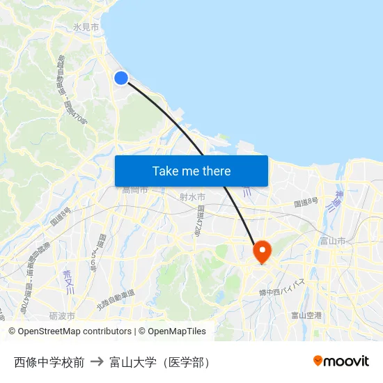 西條中学校前 to 富山大学（医学部） map