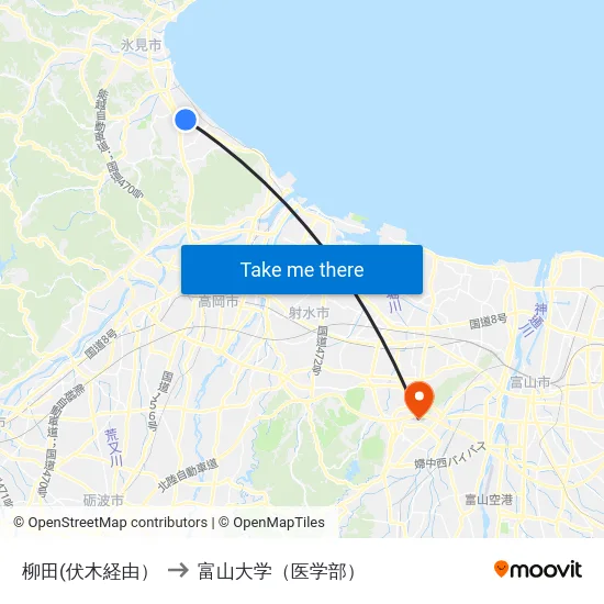 柳田(伏木経由） to 富山大学（医学部） map