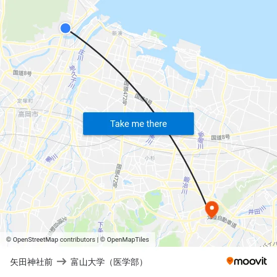 矢田神社前 to 富山大学（医学部） map