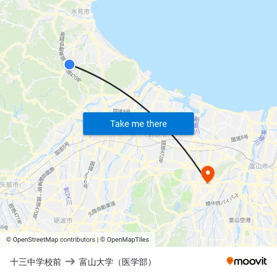 十三中学校前 to 富山大学（医学部） map