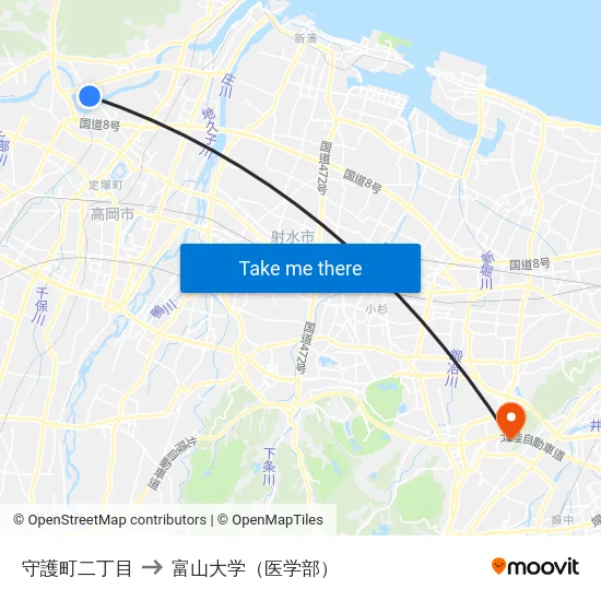 守護町二丁目 to 富山大学（医学部） map