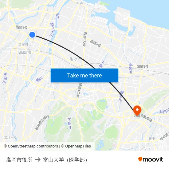 高岡市役所 to 富山大学（医学部） map