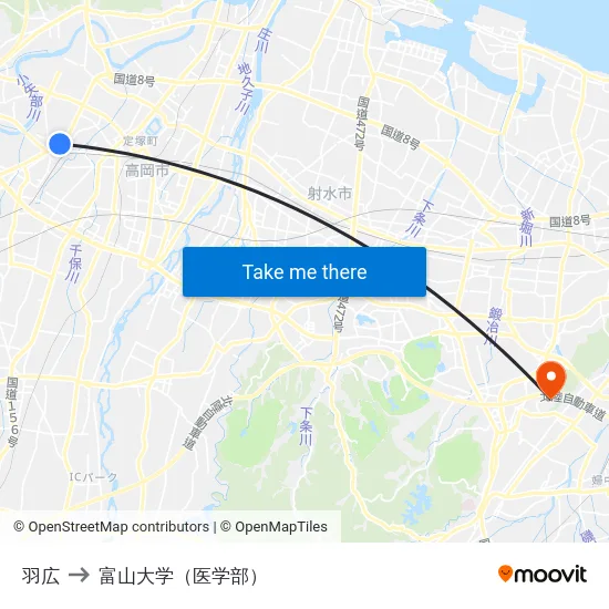 羽広 to 富山大学（医学部） map