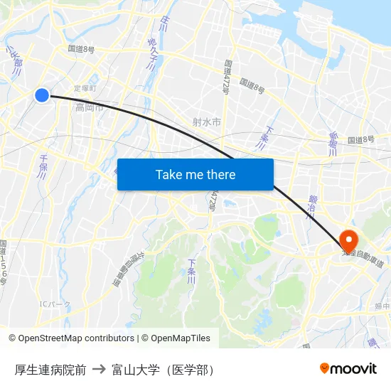 厚生連病院前 to 富山大学（医学部） map