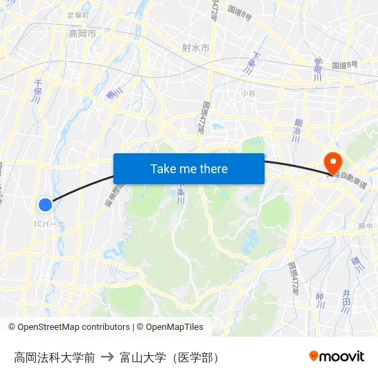高岡法科大学前 to 富山大学（医学部） map
