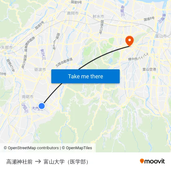 高瀬神社前 to 富山大学（医学部） map