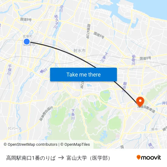 高岡駅南口1番のりば to 富山大学（医学部） map