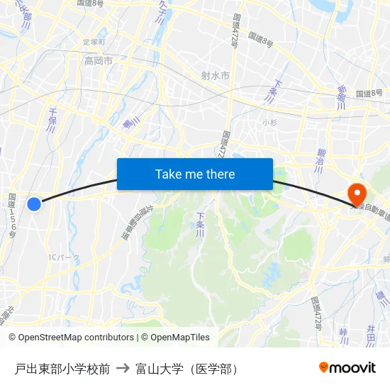 戸出東部小学校前 to 富山大学（医学部） map