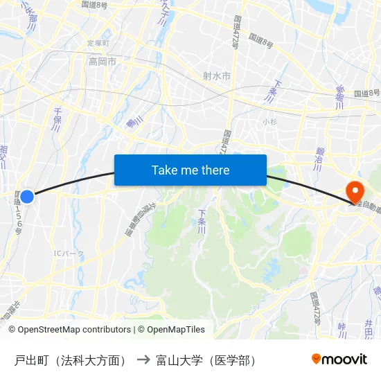 戸出町（法科大方面） to 富山大学（医学部） map