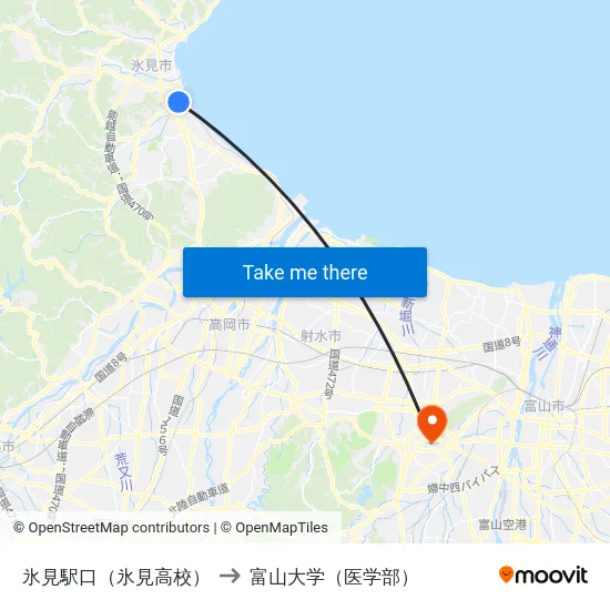 氷見駅口（氷見高校） to 富山大学（医学部） map