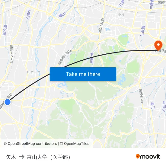 矢木 to 富山大学（医学部） map