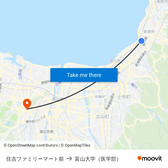 住吉ファミリーマート前 to 富山大学（医学部） map