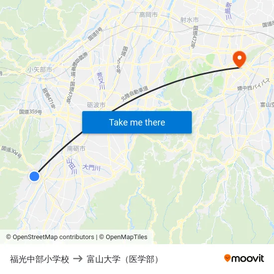 福光中部小学校 to 富山大学（医学部） map
