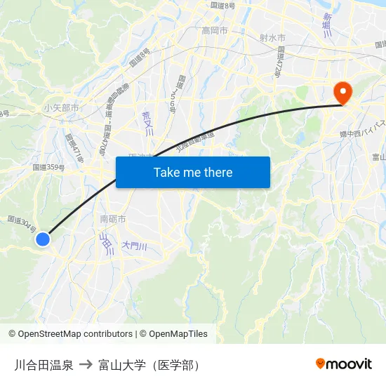 川合田温泉 to 富山大学（医学部） map
