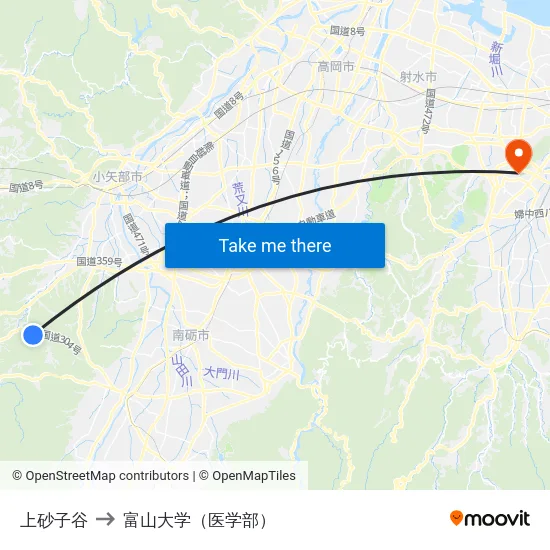 上砂子谷 to 富山大学（医学部） map