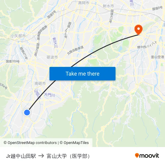 Jr越中山田駅 to 富山大学（医学部） map