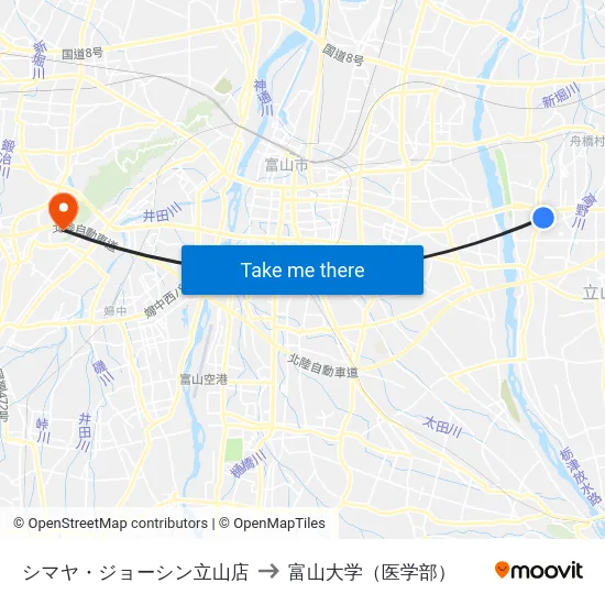 シマヤ・ジョーシン立山店 to 富山大学（医学部） map