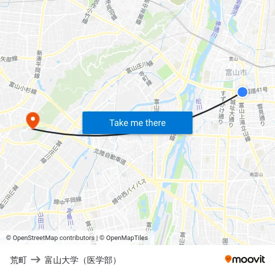 荒町 to 富山大学（医学部） map