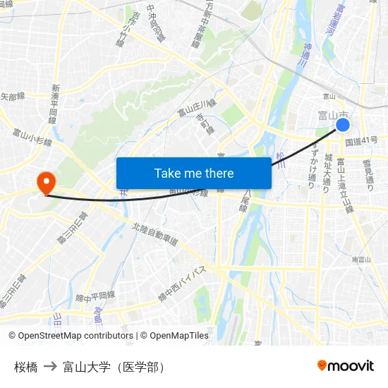 桜橋 to 富山大学（医学部） map
