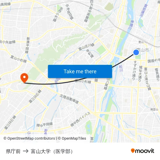 県庁前 to 富山大学（医学部） map