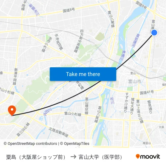 粟島（大阪屋ショップ前） to 富山大学（医学部） map