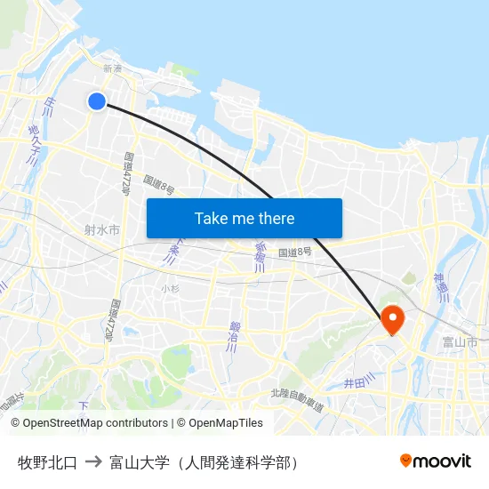 牧野北口 to 富山大学（人間発達科学部） map