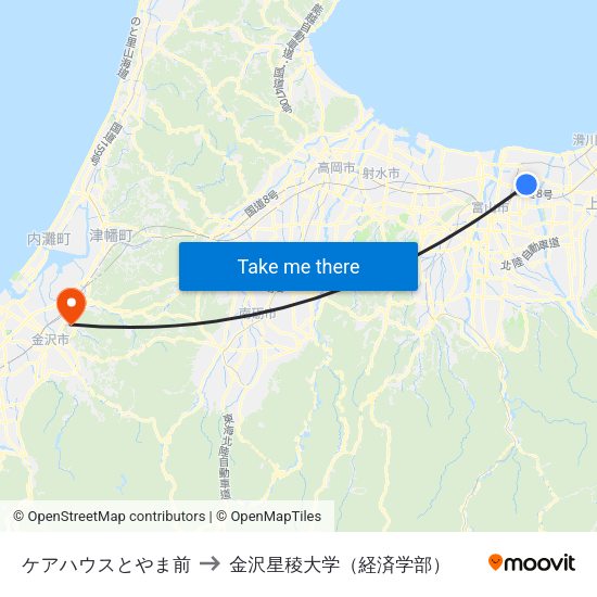 ケアハウスとやま前 to 金沢星稜大学（経済学部） map
