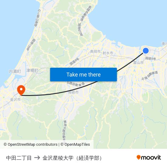 中田二丁目 to 金沢星稜大学（経済学部） map