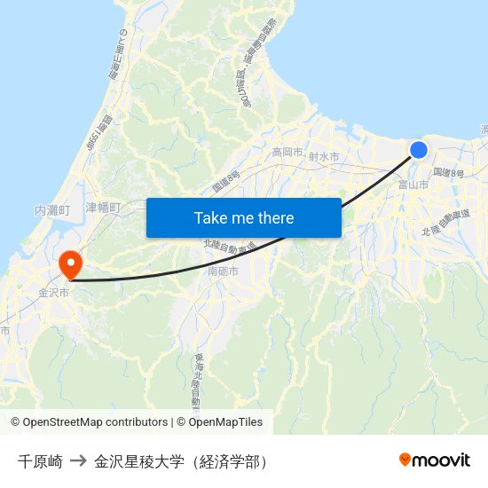 千原崎 to 金沢星稜大学（経済学部） map
