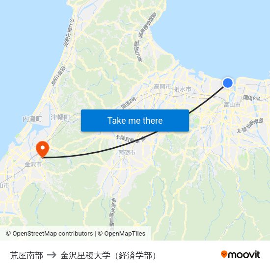 荒屋南部 to 金沢星稜大学（経済学部） map