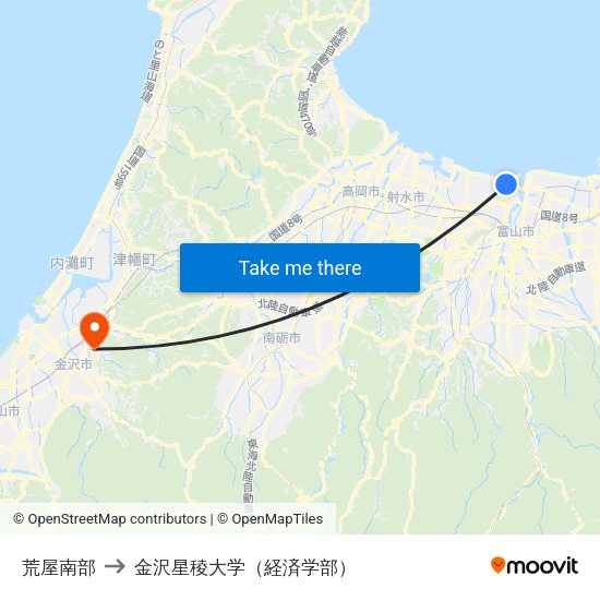 荒屋南部 to 金沢星稜大学（経済学部） map