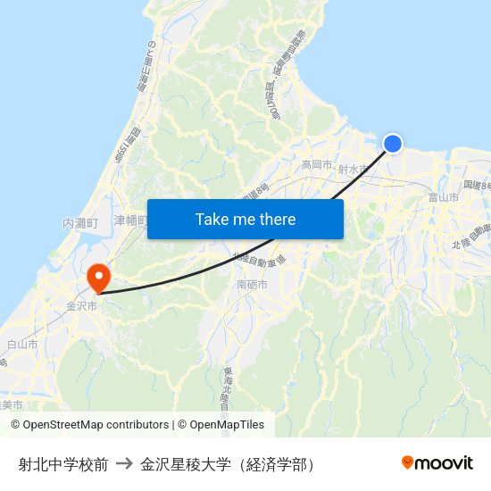射北中学校前 to 金沢星稜大学（経済学部） map