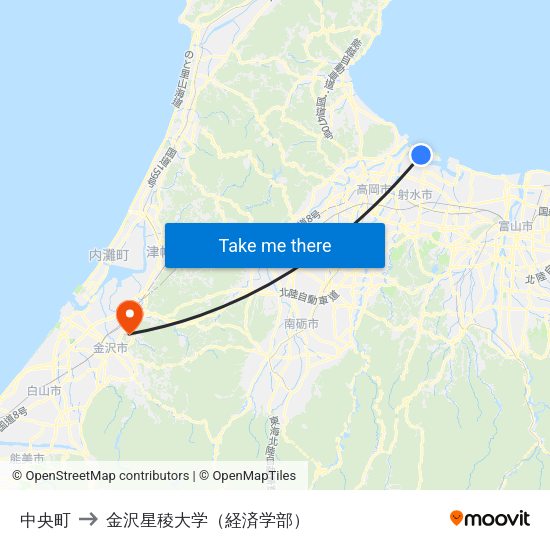 中央町 to 金沢星稜大学（経済学部） map
