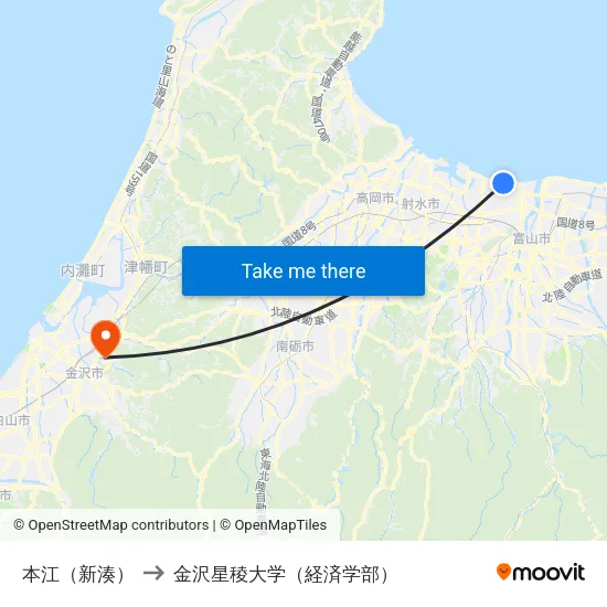 本江（新湊） to 金沢星稜大学（経済学部） map
