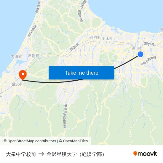 大泉中学校前 to 金沢星稜大学（経済学部） map