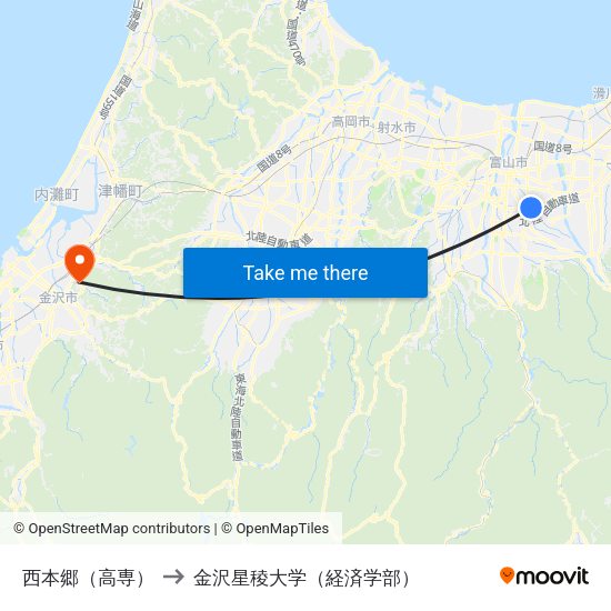 西本郷（高専） to 金沢星稜大学（経済学部） map