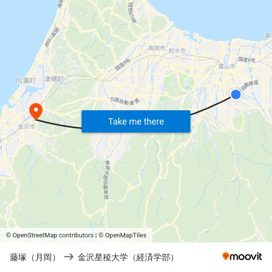 藤塚（月岡） to 金沢星稜大学（経済学部） map