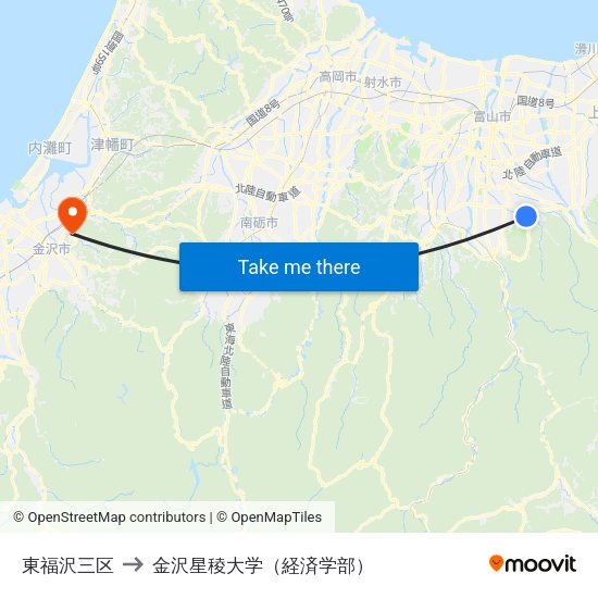 東福沢三区 to 金沢星稜大学（経済学部） map