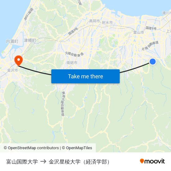 富山国際大学 to 金沢星稜大学（経済学部） map