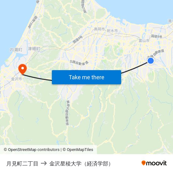 月見町二丁目 to 金沢星稜大学（経済学部） map