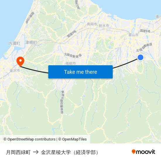 月岡西緑町 to 金沢星稜大学（経済学部） map